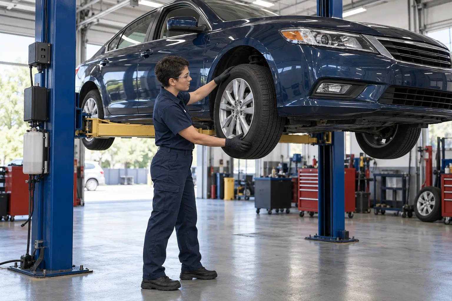 A technician checking the front suspension of a car on a lift