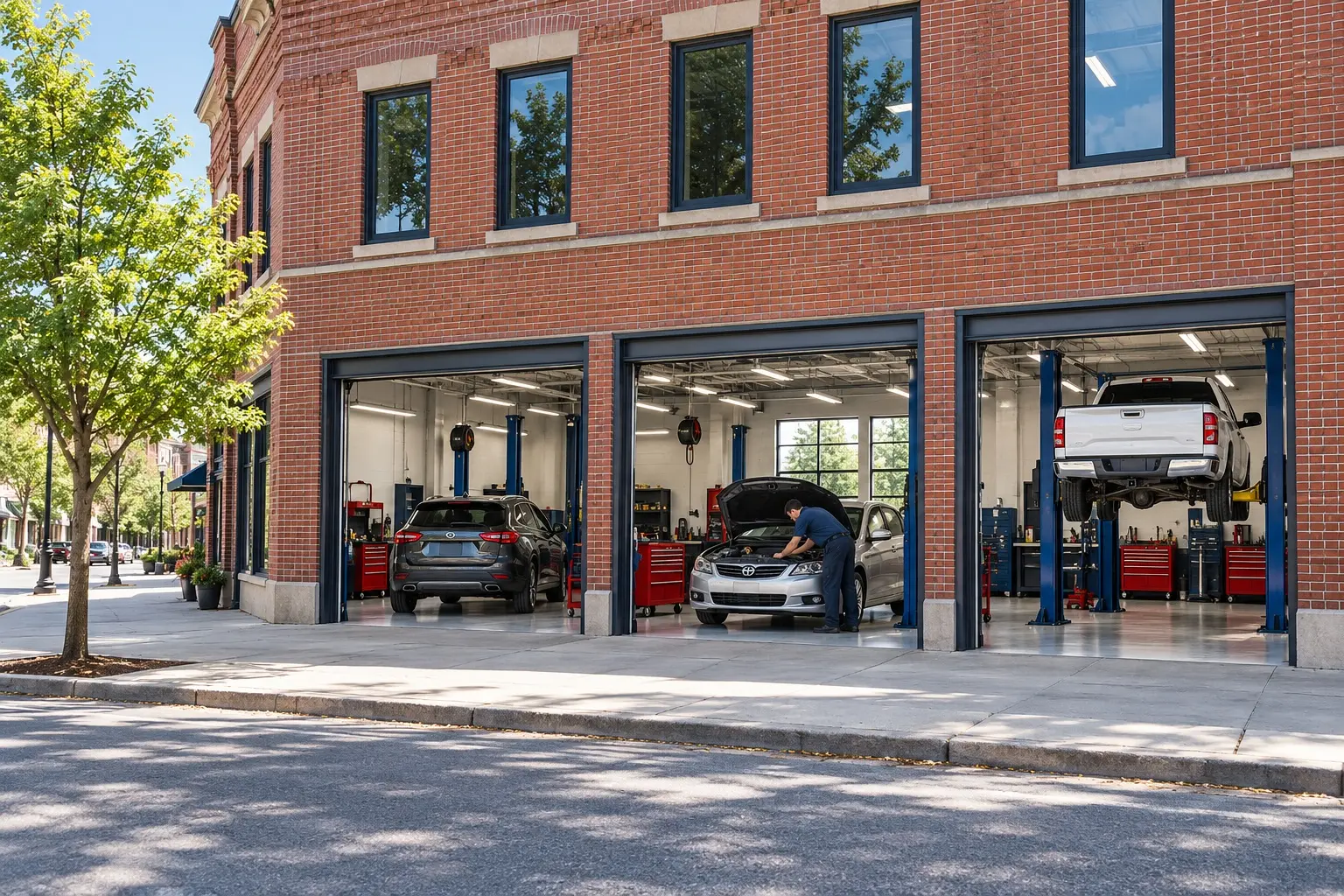 Front of the Main St. shop with its service bays open
