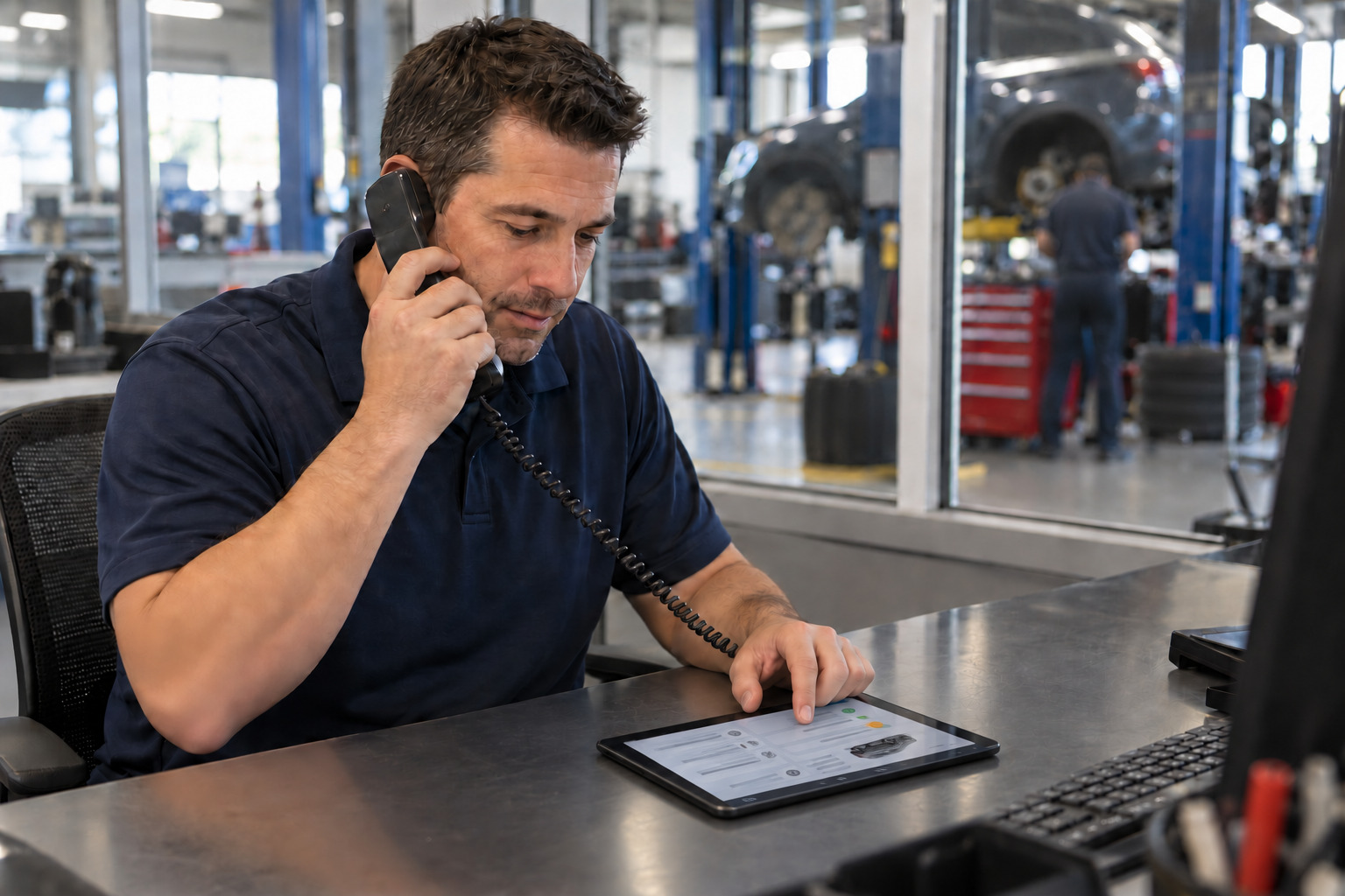 Service advisor calling a customer while reviewing a tablet laid flat on the counter